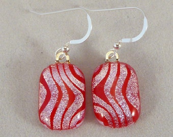 Red and Silver Dichroic Fused Glass Dangle Earrings, Zebra, Fused Glass Earrings, Fused Glass, Dichroic Earrings, Dangle Earrings, Red