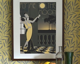 Original Design A3 A2 A1 Art Deco Bauhaus Poster Print Frank Sinatra Fly Me To The Moon Vintage Dance Tango Couple Vogue 1940's 1930's