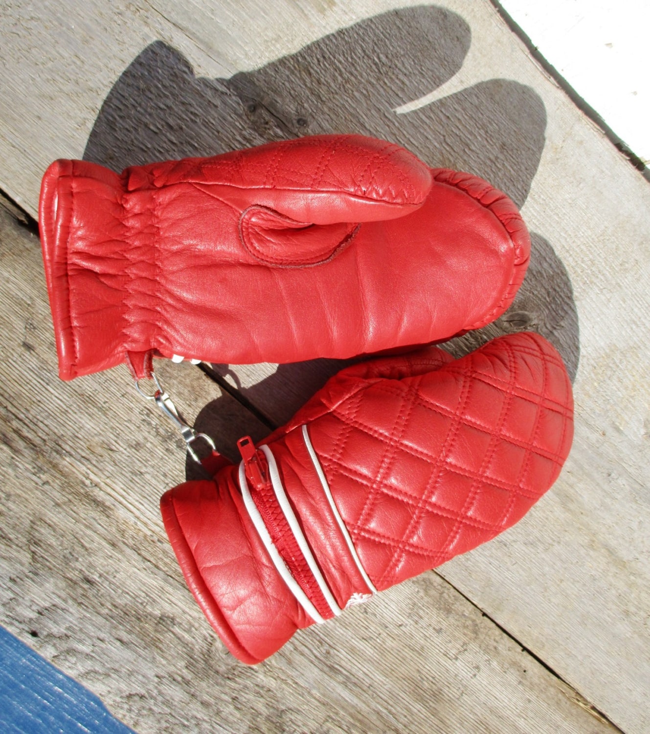 Vintage Ski Gloves Snow Mittens Sportswear Red Leather