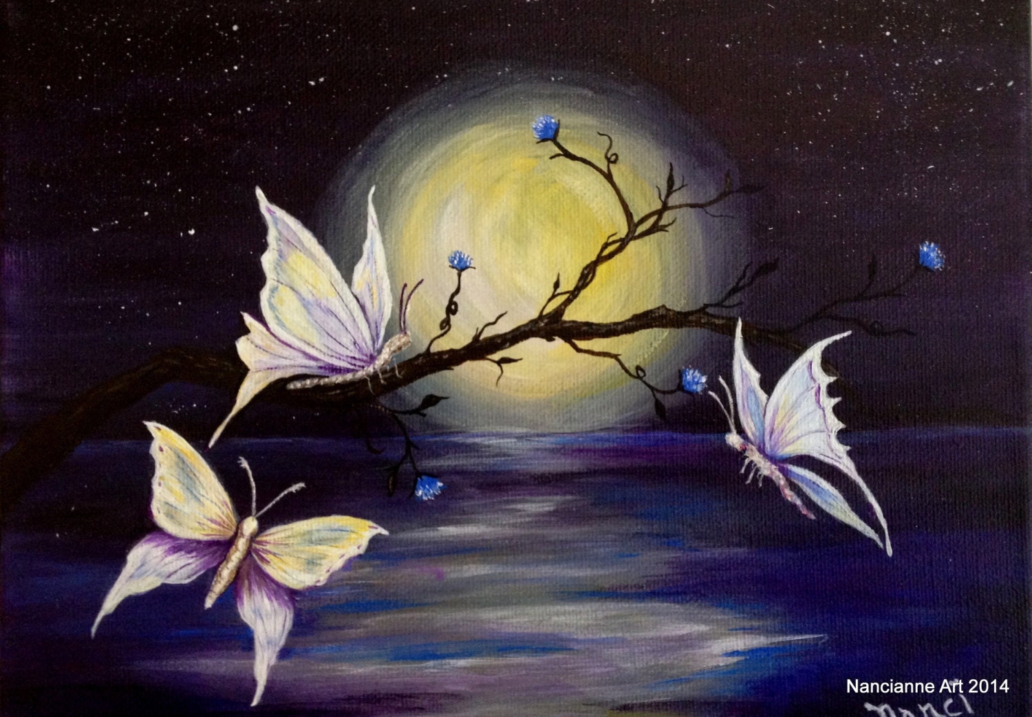 Butterfly Art White Butterflies Night Sky Full Moon