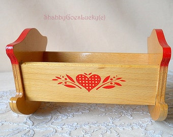Old doll crib, 1970s German vintage marked HABA doll cradle made of wood + stenciled heart decoration, vintage doll bed, old doll furniture