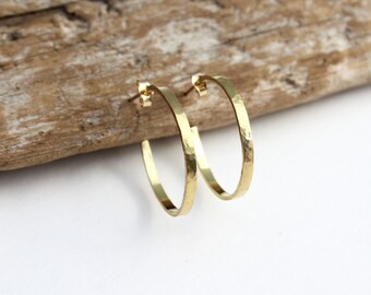 Hammered gold hoop earrings. 14k gold hoop earrings. Solid gold hoop earrings. 14k gold hoops. Rustic unique gold post earrings. Medium
