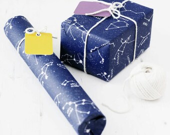 CONSTELLATIONS WRAPPING PAPER Stars Gift Wrap Set Educational Illustrated Dark Blue Kraft Sheets Colourful Tags. Birthday Party Astronomy Uk