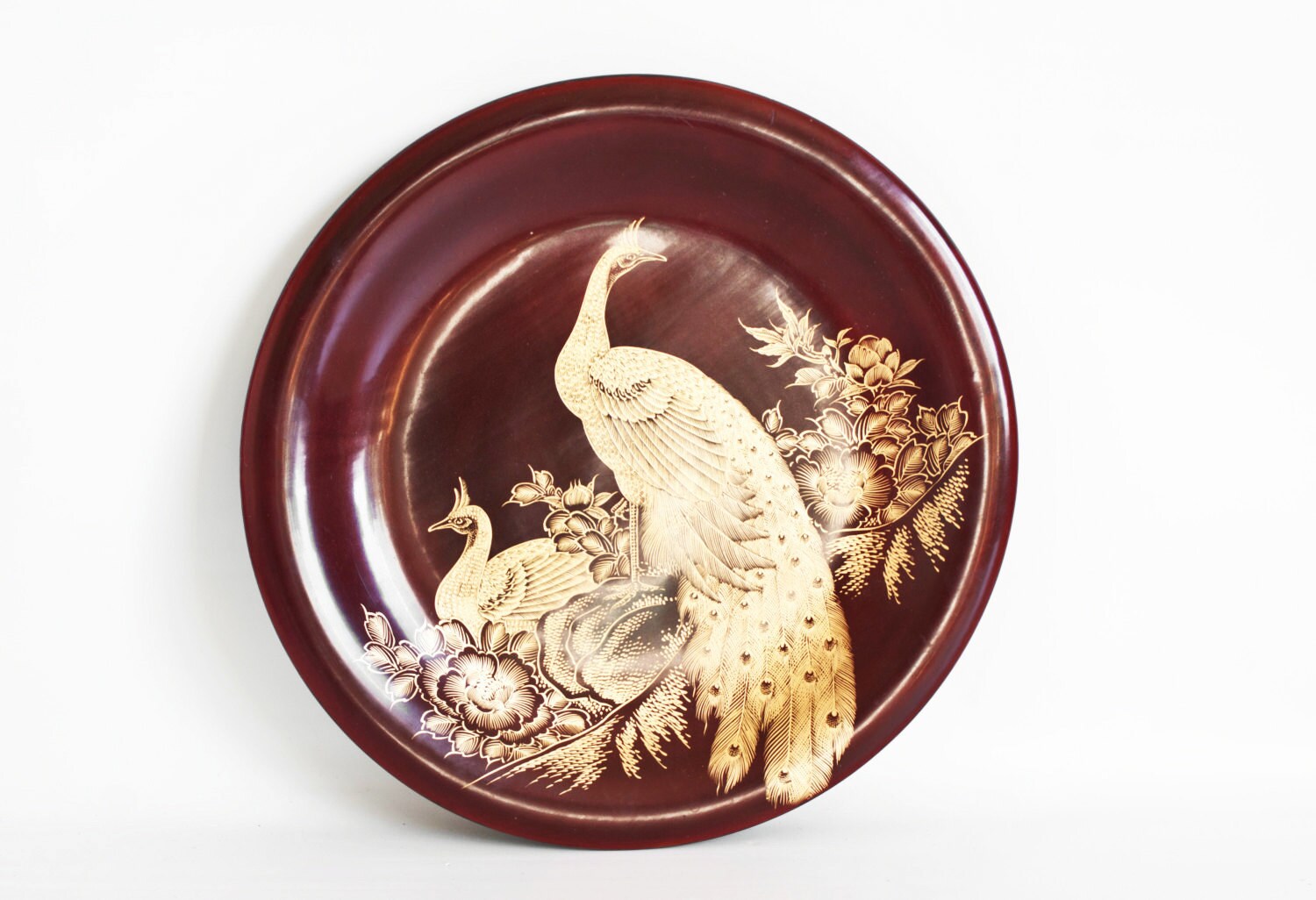 Vintage Hand Carved Japanese Plate Wood Plate with Golden