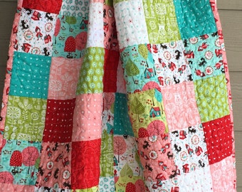 Ready to ship modern baby quilt, toddler quilt, Lil Red quilt, Red Riding Hood quilt, pink, red, aqua, white green, brown baby patchwork
