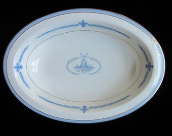 Lamberton Puritan 10" Serving Bowl Vintage Oval French Country Style Vegetable Dish Ivory China Blue and Yellow Gold Trim Laurel Garland USA