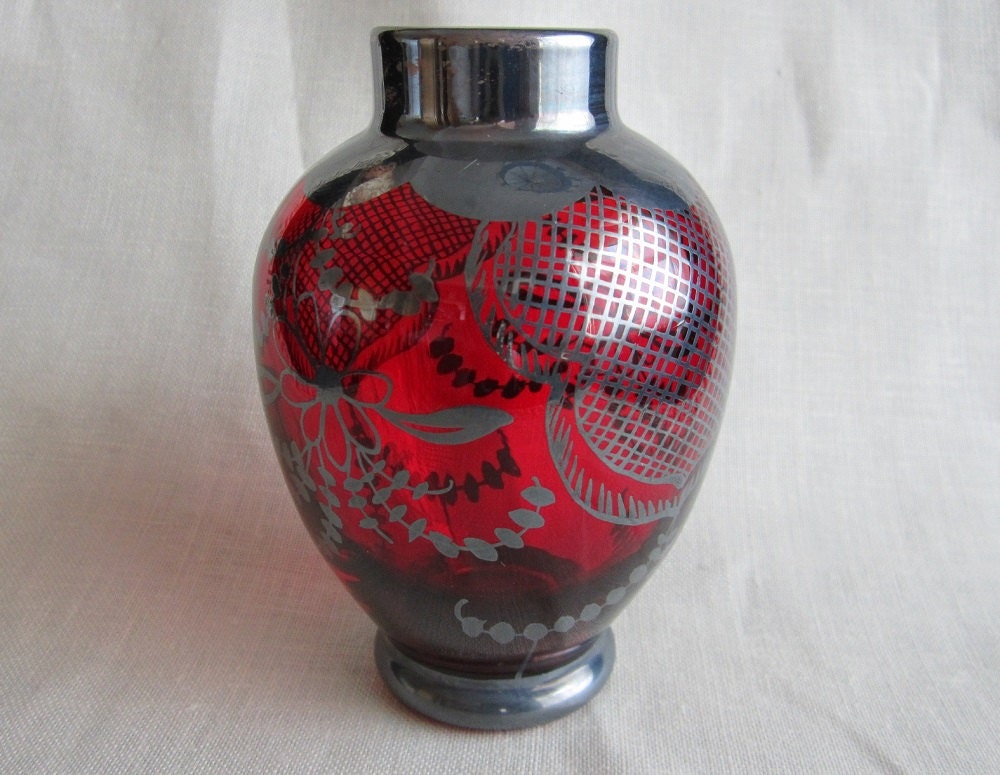 Ruby Red Glass Vase Sterling Silver Overlay Vintage Italian