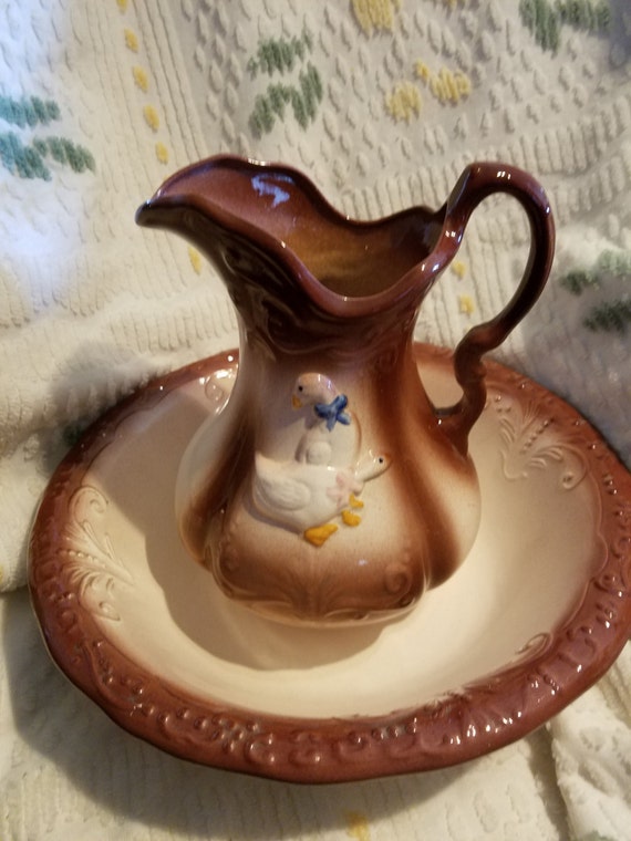 Vintage Ironstone England Pitcher & Bowl Duck by VintageBarnYard