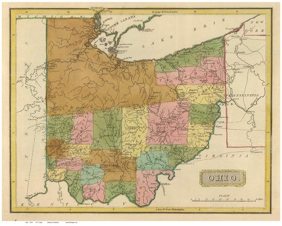 Ohio 1814 State Map with Early Roads Reprint