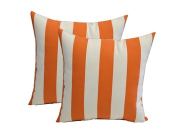 SET OF 2 - Indoor / Outdoor Preppy Orange and White Stripe ~ Square Decorative Throw Pillows - Choose Size