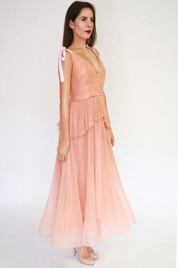 Vintageantiqueshop Salmon Blush Tea Length Silk Wedding Gown