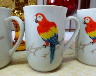Vintage Tropical Bird Mug set of 4 Made in Japan Macaw cups or Parrot Mugs.