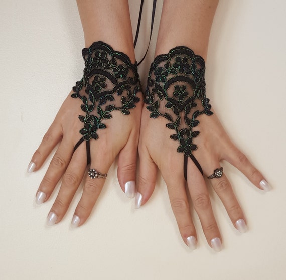Neon green Black lace gloves french lace bridal gloves lace