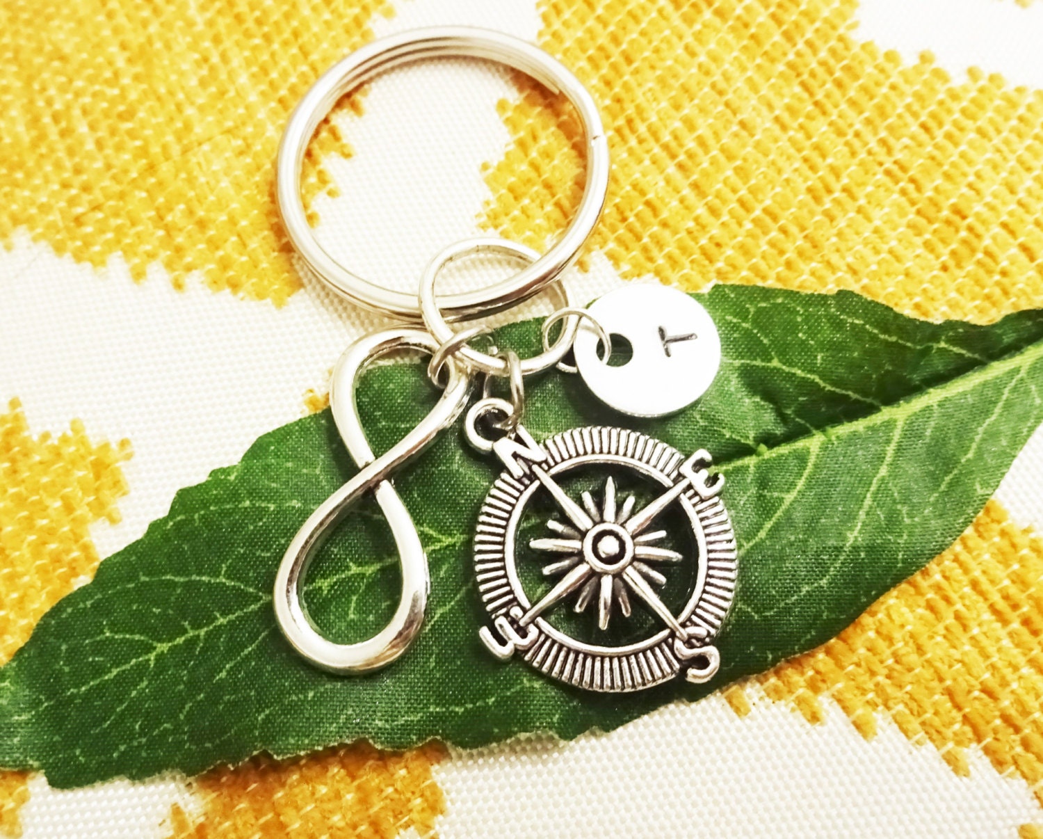 INFINITY SYMBOL & COMPASS keychain with initial charm see