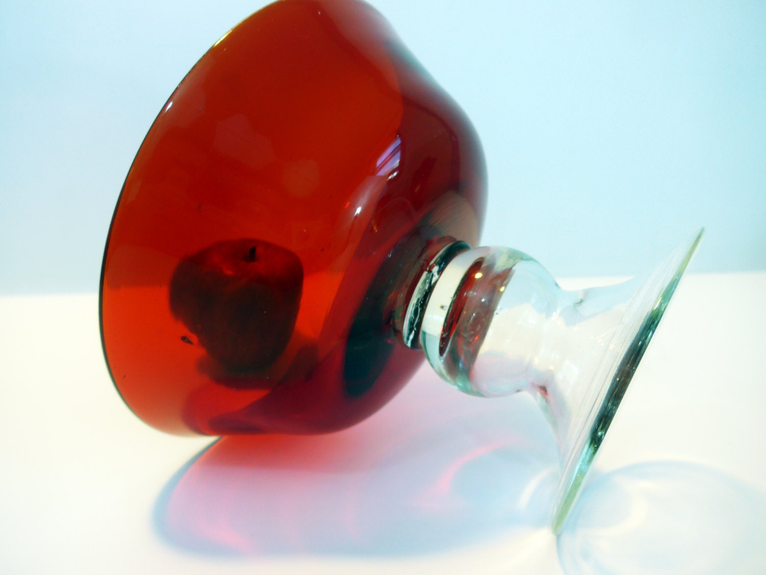 Vintage Ruby Red Bowl w/ Clear Glass Stem Compote Candy Dish Large Red Art Glass Pedestal Bowl