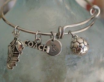 Soccer coach gift!! Cute soccer charm, coach, cleat, and hand stamped initial charm. Soccer bracelet.