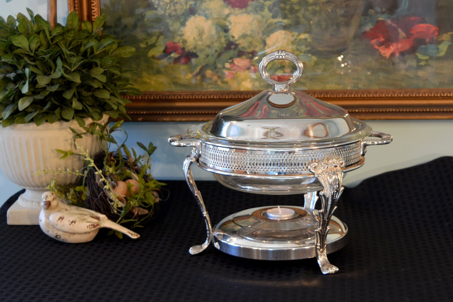 Silver Plate Chafing Dish with Fire King Glass Baking Dish & Silver