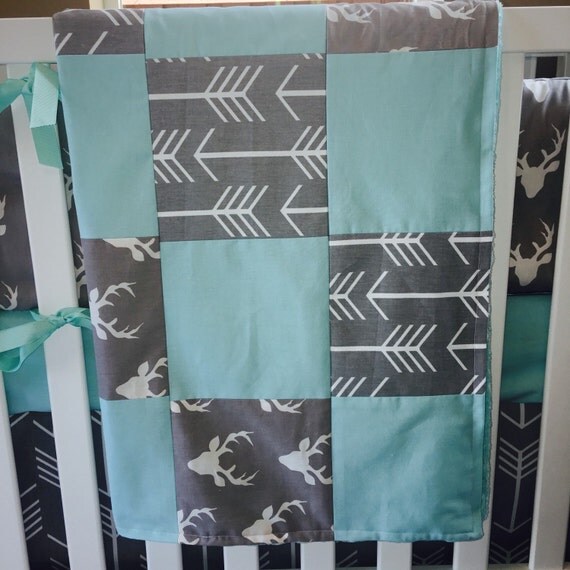 Tribal Baby Blanket Patchwork Gray Aqua by CustomBEBEtextiles