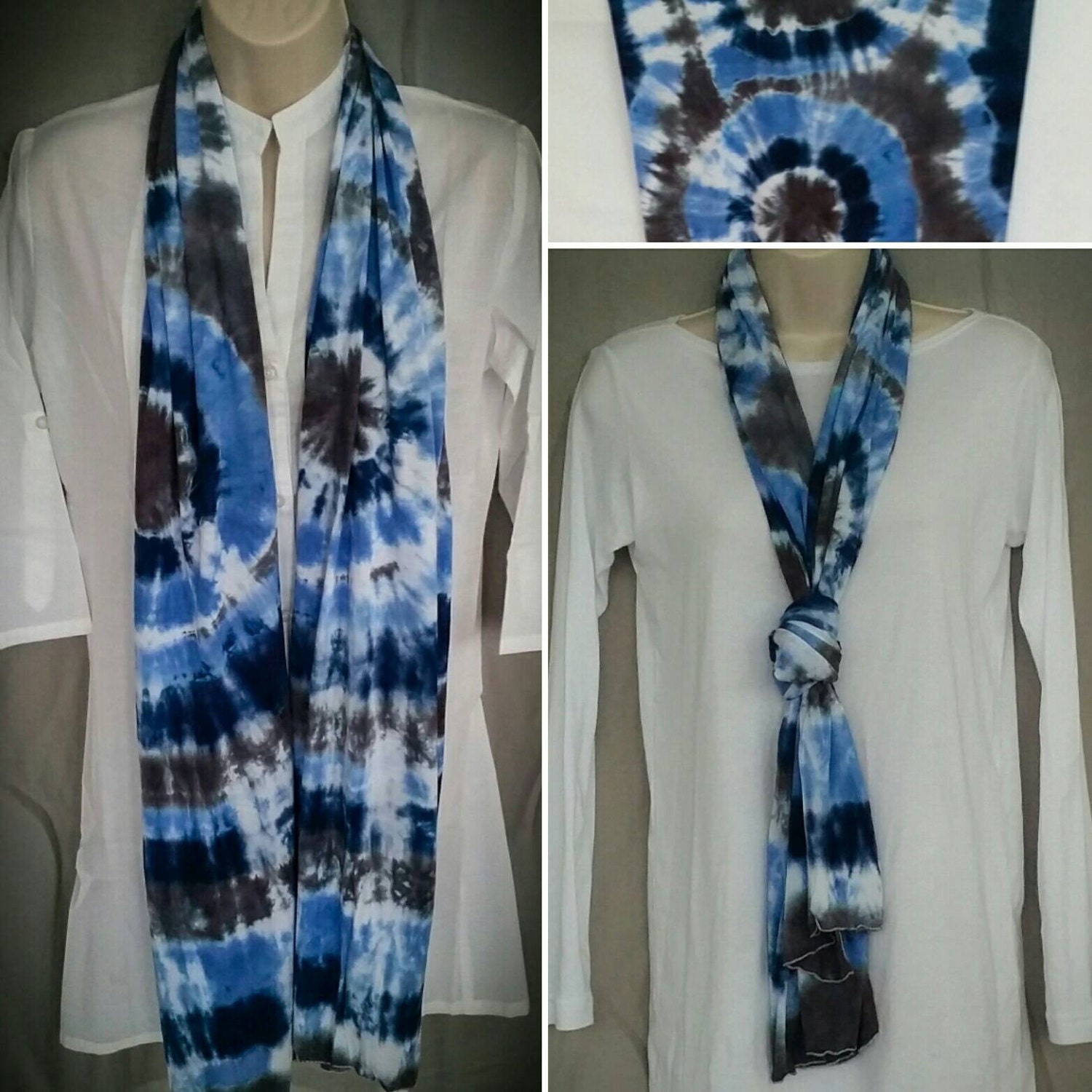 Hand Dyed Tie Dye Scarf in Navy Blue Brushed Steel