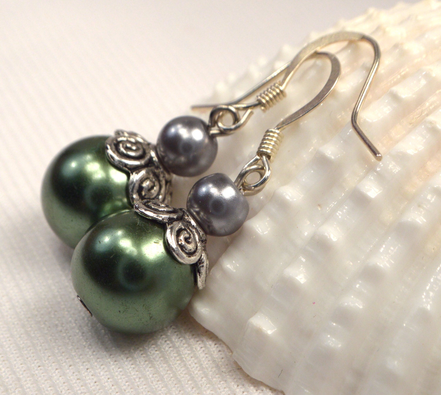 Green Pearl Earrings Rich Green Earring Dangles by StudioMJewelry