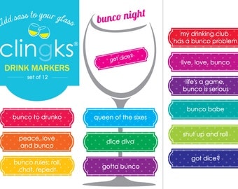 Bunco Night Drink Markers~Bunco-Themed Wine Charms~Funny Wine Gift~Funny Bunco Party Favors~Bunco Wine Gift~Bunco Gift~Clingks Drink Markers