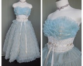 1950's Powder Blue Ruffled Strapless Sweetheart Neckline Tea Length Cupcake Party Dress - size Small Medium