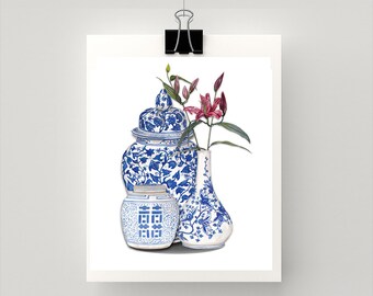 LARGE REPRODUCTION PRINT Blue and white ginger jars with pink lily print