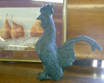Metal rooster statue - green patina