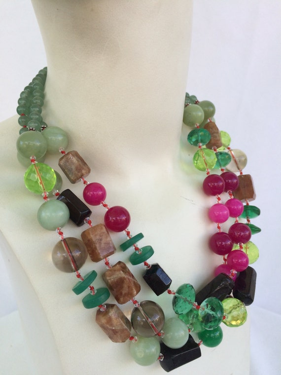 Pink Green Jade Necklace 18 inch Plus handknotted triple