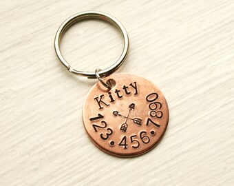 7/8" Copper Circle Small Pet ID Tag, Hand Stamped Cat ID Tag, Dog ID Tag, Handmade Pet Accessories, Round Pet Tag, Arrows Anchor Paw Print