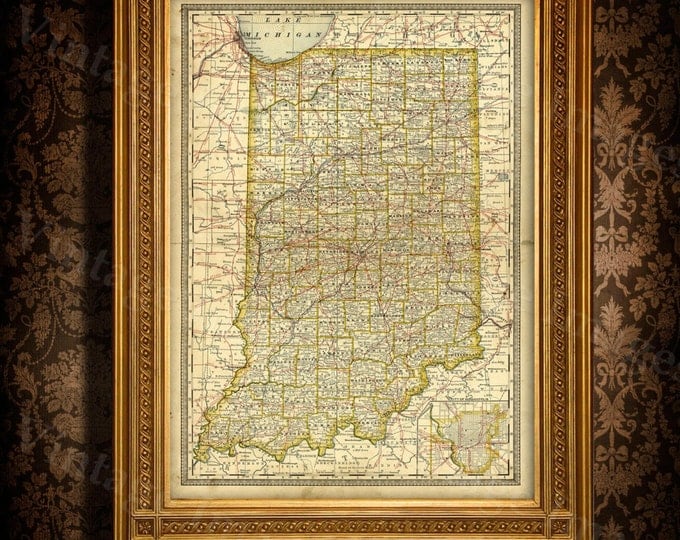 Old map of Indiana (1897) Indiana map, Large Indiana Map, antique Indiana Restoration Hardware Style Vintage Indiana map, Indiana State Map