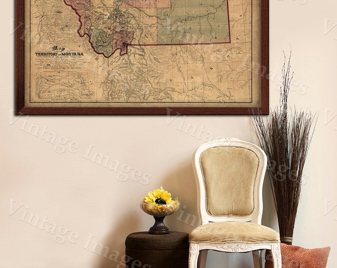 Old Map of Montana, Montana map Territory of MONTANA ART 1865 Antique Restoration Hardware Style Montana Wall map Vintage wall home decor