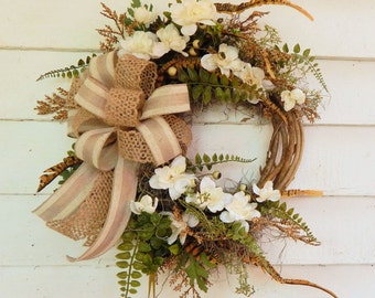 Classic Front Door Wreath "Moonbeam" Spring Wreath, Country Cottage Wreath,Year Round Wreath, Delphinium Wreath, Ivory Wreath, Linen Bow