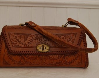 Handtooled Leather Purse Handbag Hand Bag Vintage Mexico Southwestern Saddle