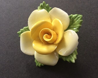 Coalport Vintage Yellow Porcelain Rose Brooch Pin