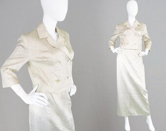 Vintage 60s Two Piece Womens Skirt Suit Textured Gold Maxi Skirt Matching Jacket 1960s Mod Suit Evening Suit 60s Suit Lame Metallic Suit