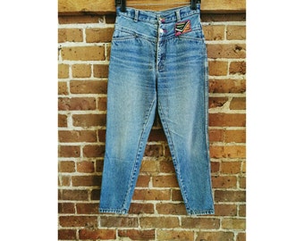 Vintage 80s high waist denim jeans with Mola art- cropped Panama jeans