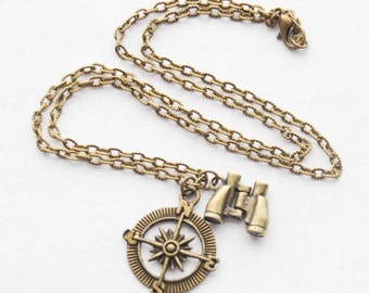 Graduation Gift Ideas, Compass Necklace, Binoculars Necklace, Grad Gift, Compass Jewelry, Rustic Compass Necklace, Explorer Necklace