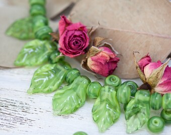 Set of 6 Lampwork Leaves and 16 Spacers, Lampwork Leaf Beads, Glass Leaves, Glass Beads