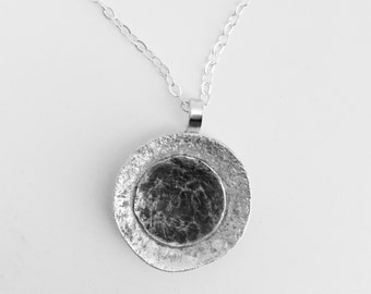 Oxidized Silver Pendant, Hammered Silver Disc Necklace