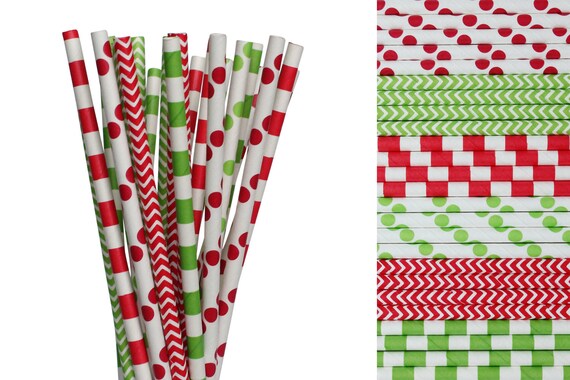 Christmas Paper Straw Mix-Red Polka Dot-Holiday Party Straws-Lime Green Straws-North Pole Party Decor-Chevron Straws-Striped Hot Cocoa Straw Il_570xn