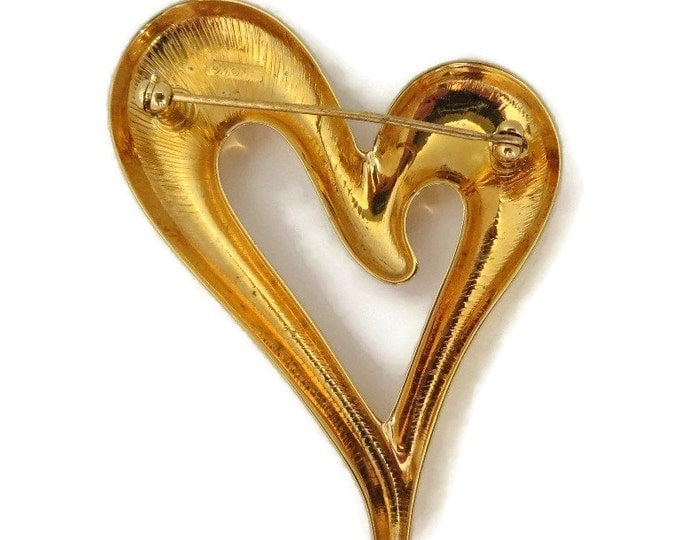 Monet Heart Brooch, Vintage Gold Tone Abstract Heart Pin Designer Signed Costume Jewelry Gift Idea