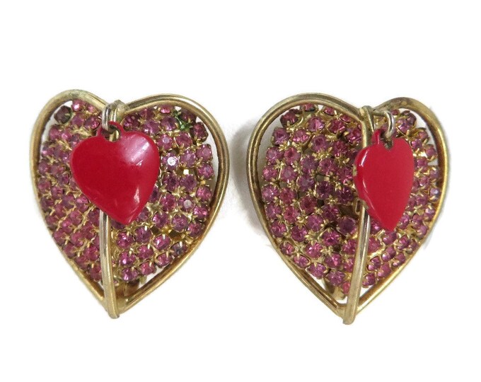 Vendome Rhinestone Heart Earrings, Vintage Pink Rhinestone, Red Enamel Double Heart Clip-on Earrings