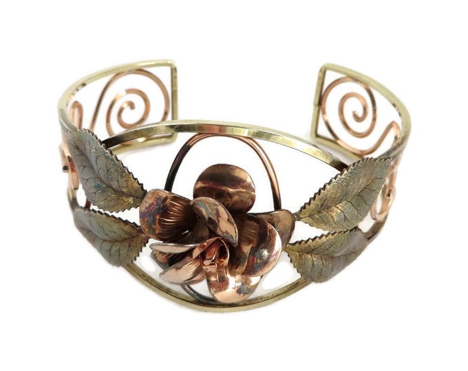 Copper Rose Cuff Bracelet, Vintage Two Tone Flower Bracelet