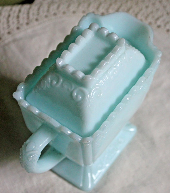 Fenton Blue Milk Glass Creamer with Lid. Footed Rectangular