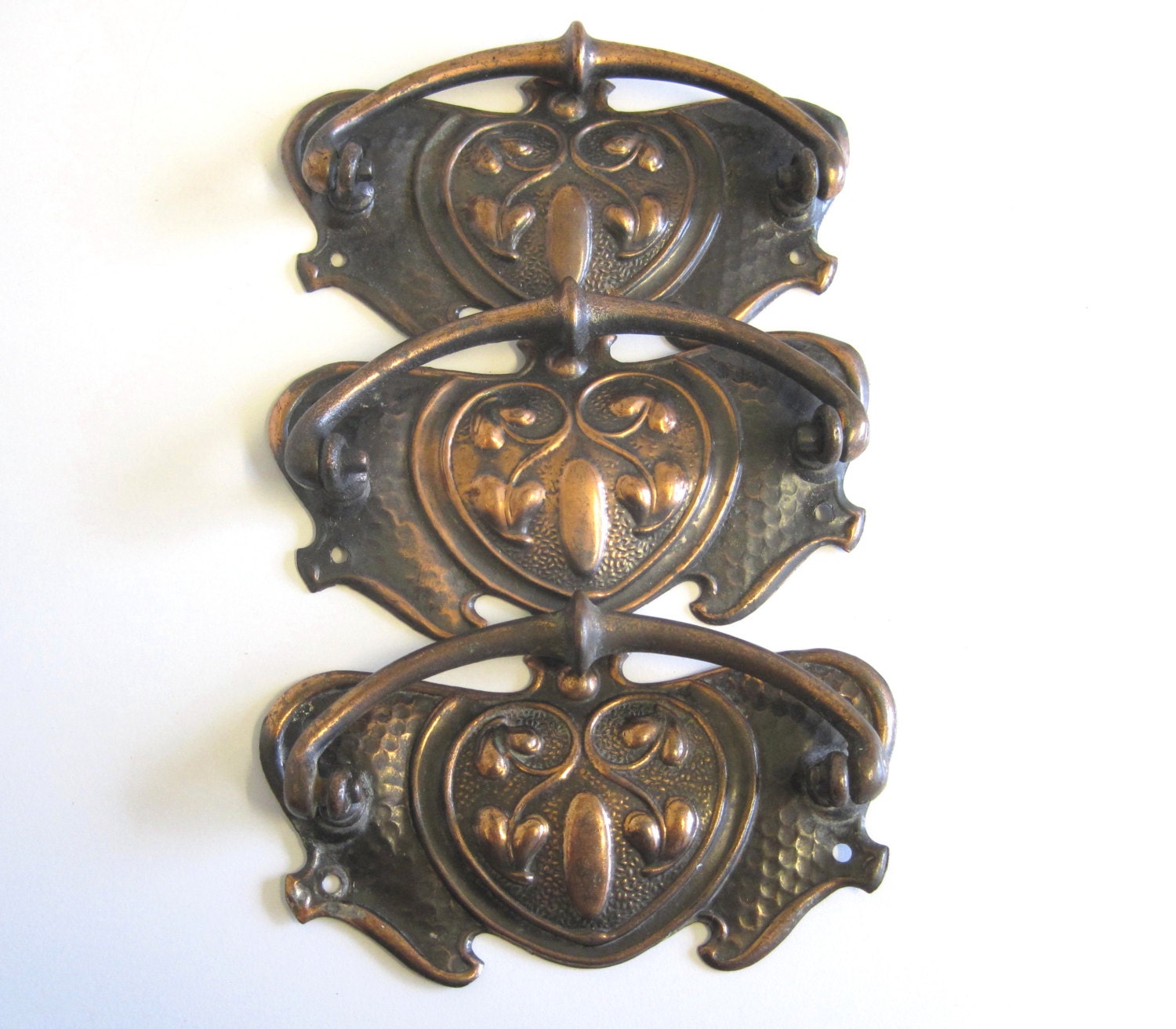3 Vintage Art Nouveau Drawer Pulls with Copper Highlights