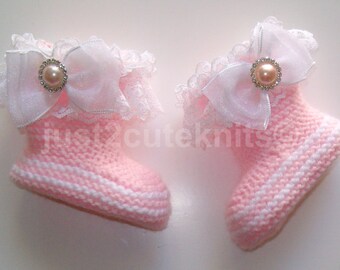 Hand Knitted Designer Baby Girl Booties Lots Of Lace Newborn Special Occasion Baby Shower Original Reborn Doll #1