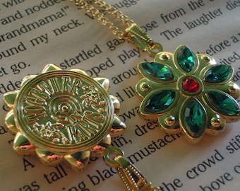 Anastasia Together In Paris Necklace Anya Flower Charm Engraved Cubic Zirconia Emerald Siam Gold Plated 18K Cosplay