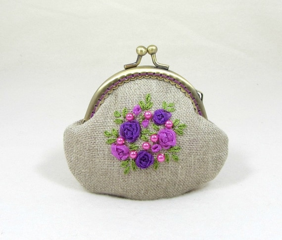 Linen coin purse hand embroidered coin purse embroidered