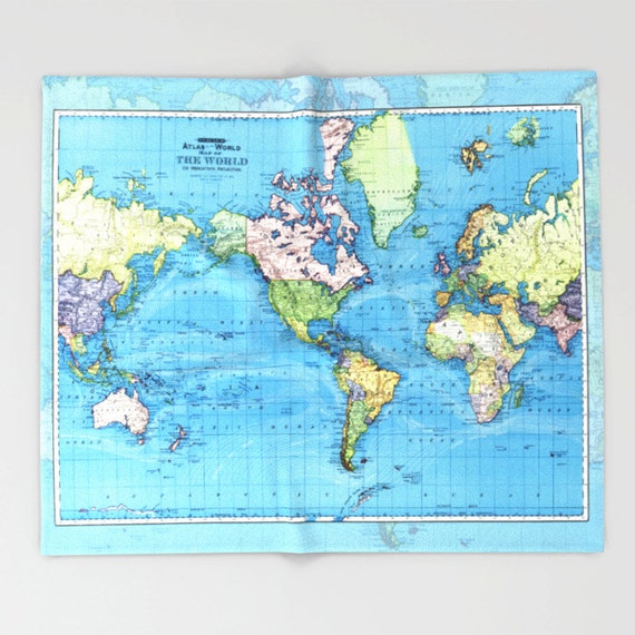 World Mercator Map Fleece Blanket throw cozy sofa by Mapology